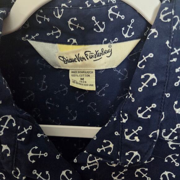 Diane Von Furstenberg DVF Navy Blue Anchor Print Cotton Button Down Up Top M - Picture 3 of 6